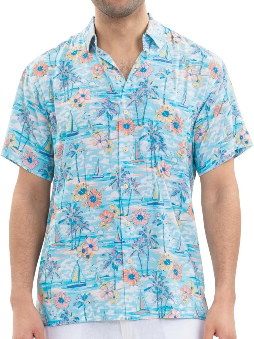 Men's Short Sleeve Hawaiian Shirt, Soft Rayon, Printed Casual Button-Down